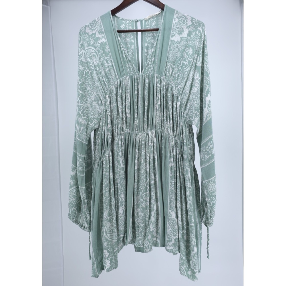 Molly Green Sage Green Paisley Boho Pintuck Babydoll Mini Dress Women Small‎